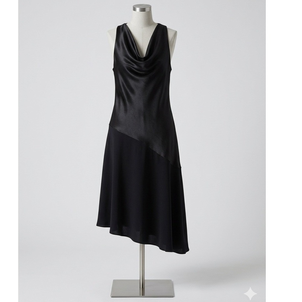 Vintage 90s Jones New York Black Satin Cowl Neck Asymmetrical Midi Slip Dress 16
